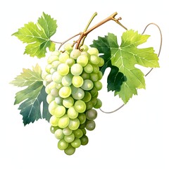 Fototapeta premium Watercolor illustration of fresh grapes hanging on a branch with green leaves