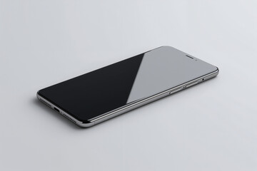 Silver smartphone with dark reflective screen on light gray background