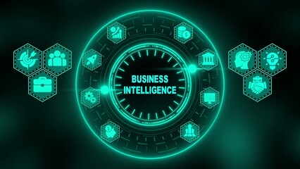 Glowing teal clock with hexagons business intelligence concept