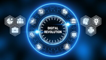 Digital revolution concept with clock on dark blue background and technology innovation