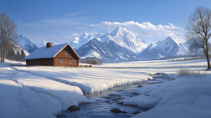 Rustic cabin snowy landscape mountain winter stream peaceful serene blue sky nature