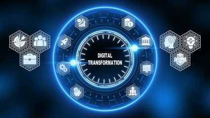 Digital transformation concept with clock on blue background and technology business