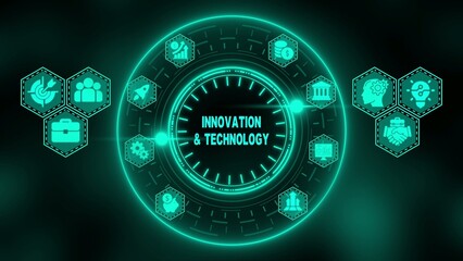 Neon green innovation and technology concept on dark background with business