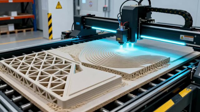 Medium shot capturing hightech 3D printing process producing lightweight modular formwork components for efficient onsite assembly.