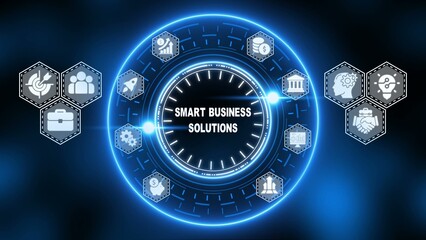 Blue neon circle with smart business solutions concept and technology finance business technology clock face