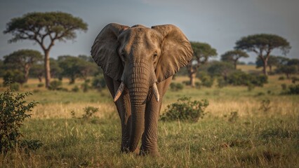 Obraz premium Elephant in the wild with trees and grassland, wildlife scene, safari, nature, and animals. The majestic animal in its natural habitat.