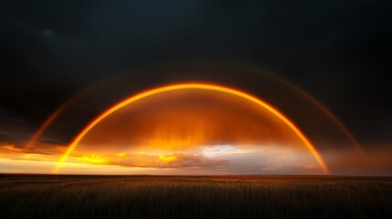 Obraz premium Majestic rainbow emerges after storm over serene landscape nature photography dramatic environment wide-angle view captivating concept