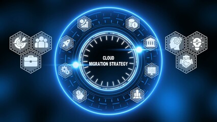 Cloud migration strategy concept with clock and on dark blue background business technology