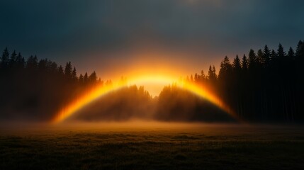 Obraz premium Breathtaking rainbow appears over misty forest nature landscape at sunrise calm environment wide angle view vibrant colors for serenity