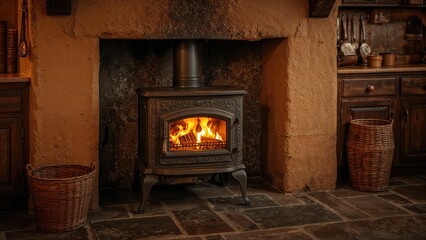 Wood stove in a cozy rustic interior with baskets beside it and a terracotta wall. Warmth and comfort, traditional heating, vintage style. The concept of cozy home heating.