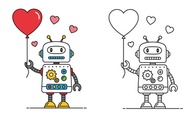 Cute robot holding red heart balloon vector illustration set with colorful and outline versions for coloring book pages, Valentine's Day design, and technology concepts for kids.