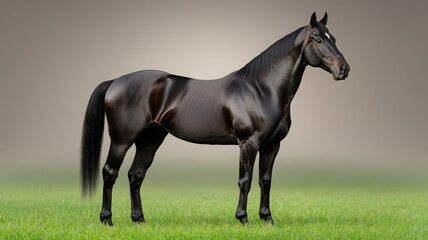 Obraz premium Majestic dark horse stands in tranquil field, glossy coat, calm expression, natural beauty