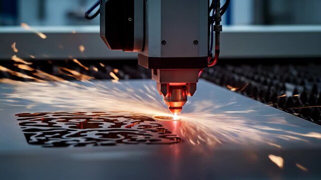 Industrial Laser Cutting Metal Sheet Close Up with Bright Sparks and Machine