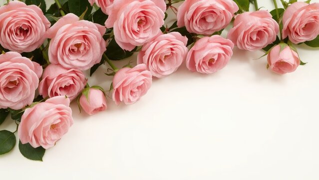 A bunch of pink roses with green leaves arranged on a white background. - Powered by Adobe
