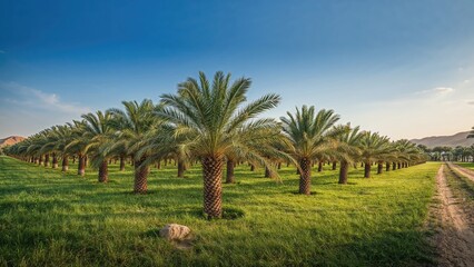Obraz premium Rows of palm trees in a lush green landscape under a clear blue sky.