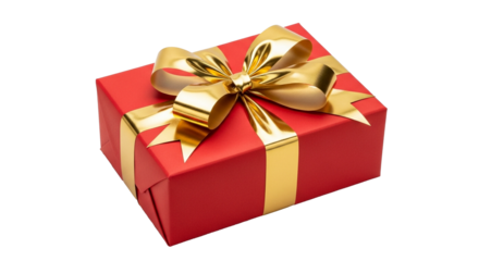 High quality product photograph of a wrapped red gift box with a gold ribbon and bow, isolated on transparent background