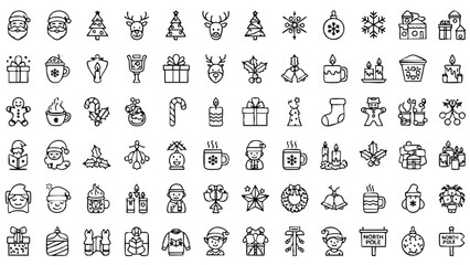 Obraz premium Black and white Christmas icons show festive holiday symbols and decorations arranged neatly.