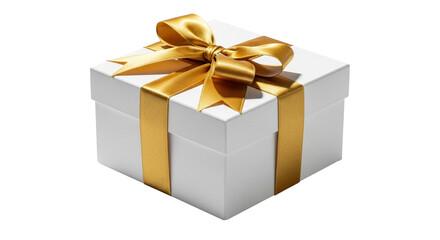 Obraz premium Clean white gift box with luxurious gold satin ribbon and bow for presents, isolated on transparent background.