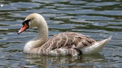 Obraz premium A young swan swimming on water, with the number 65.