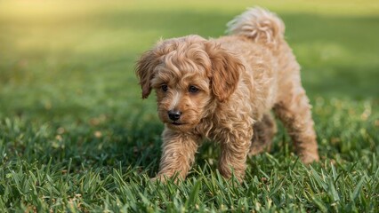 Fototapeta premium Cute puppy walking on green grass outdoors. Adorable young dog playing, exploring nature, and enjoying outdoor activity. Friendly pet, young dog, playful puppy.
