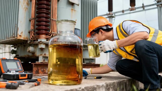 Engineer in safety gear collects transformer oil onsite carefully inspecting container for contamination or degradation