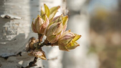 Close-up of young buds on a tree branch during early spring. Nature, growth, and season transition. The concept of renewal and botanical development.