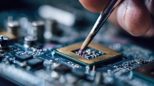 Engineer using precision tools to apply thermal paste on computer processors targeting maximum thermal conductivity to maintain optimal temperatures during heavy multitasking and
