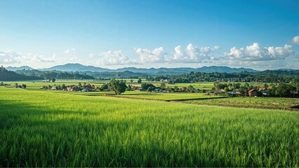 Vast green rice fields under a blue sky, with distant mountains and scattered clouds, capturing rural landscape and agricultural scenery.
