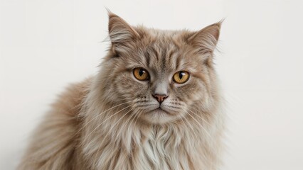 A close-up of a fluffy, long-haired cat with yellow eyes against a plain background.