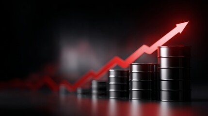 Graphic representation of financial growth. Stacked black coins signify wealth increase. A red arrow points upwards, illustrating positive trends. Suitable for finance and investment themes. AI