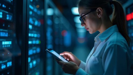 Video A woman holds her cell phone near computer equipment in a server room, with cables and machinery surrounding her - Powered by Adobe
