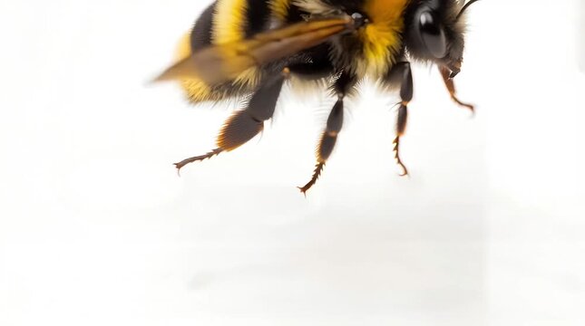 Bumblebee hovering with wings blurred slightly, fuzzy yellow-and-black body, isolated on white background