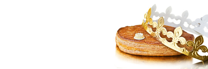Galette des rois, french kingcake with a golden crown isolated on white or transparent panoramic background, Epiphany tradition header, png cut out