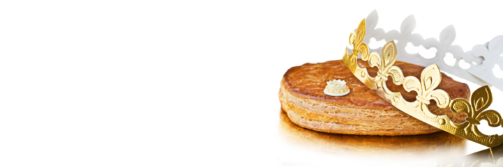 Galette des rois, french kingcake with a golden crown isolated on white or transparent panoramic background, Epiphany tradition header, png cut out