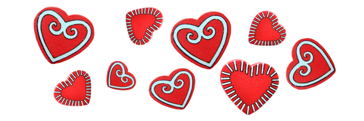 Collection set of red cute wooden hearts ornaments isolated on white or transparent bacground, love and Valentine's day, png cut out
