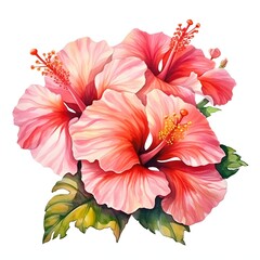 Elegant pink hibiscus flowers in full bloom watercolor illustration for creative projects