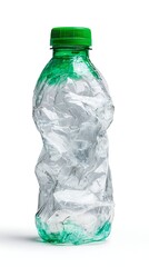 Crushed clear plastic bottle with green cap on white background.