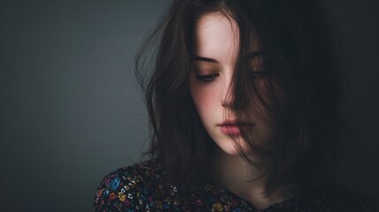Solitude: A portrait of introspection, capturing the serene visage of a young woman in a moment of quiet contemplation and shadow.