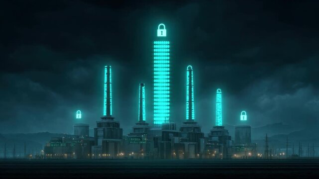 Futuristic industrial landscape with tall buildings and glowing locks representing security and technology in a cyberpunk city 4k video footage