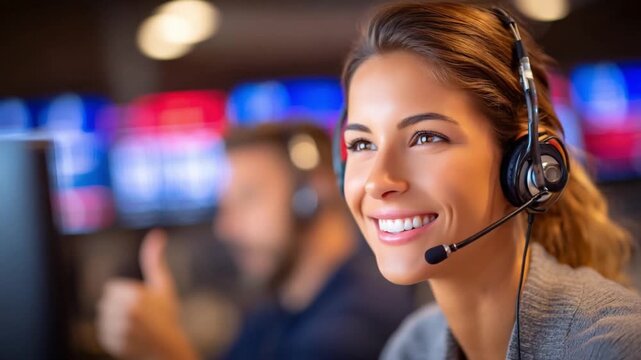 Empathetic Support in Action: A radiant woman in a customer service environment, exuding professionalism and care with a warm smile, ready to assist. 
