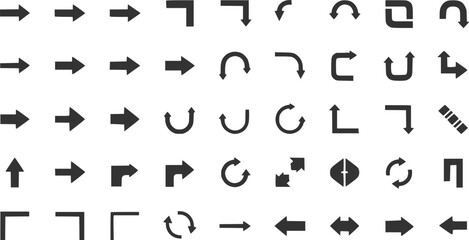 A set of various directional and curved arrow icons isolated on a transparent background.