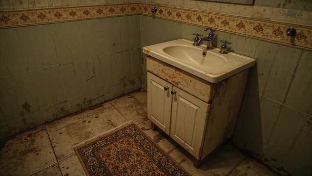 A dirty and neglected bathroom with a sink, old cabinet, and worn flooring.