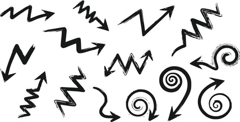 Collection of hand-drawn zigzag and spiral arrows pointing in different directions, isolated on transparent background.