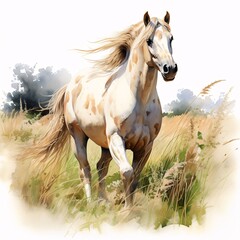 Obraz premium Appaloosa horse gracefully trots through a meadow of tall grass
