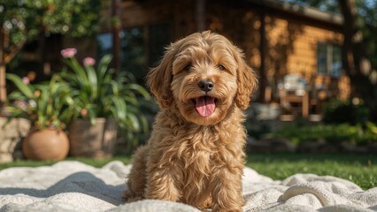 A cute dog sitting outdoors with plants and a wooden house in the background.