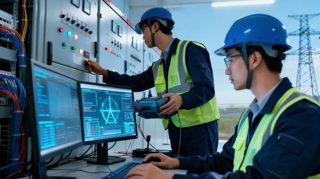 Medium shot of specialized technicians using grid cybersecurity tools to ensure continuous defense against evolving cyber threats in power systems.