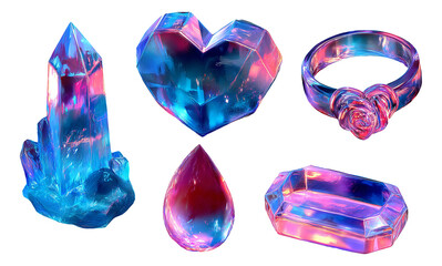 Fototapeta premium Romantic Neon Crystal Lovers Set with Glass Heart and Aesthetic Elements