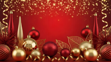 Elegant red and gold Christmas background, metallic ornaments, soft golden sparkles, stylish and modern look