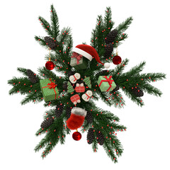 3D rendered festive Christmas wreath decorated with evergreen branches, wrapped gifts, red ornaments, and Santa hat accents, isolated on transparent background