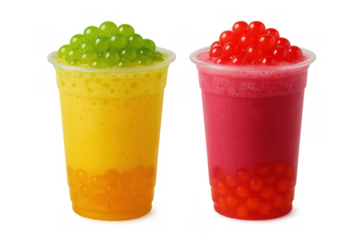 Bubble tea drinks in plastic cups with colorful smoothie and fruit popping boba, transparent background